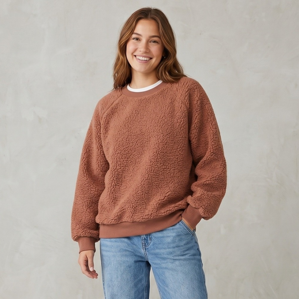 Old Navy Sweatshirt Womens XXL Brown Sherpa Fleece Crew Neck Raglan Long Sleeve